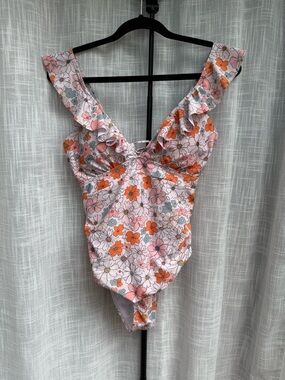 Floral Ruffled One-Piece Swimsuit - Pink & Orange Daisy Print